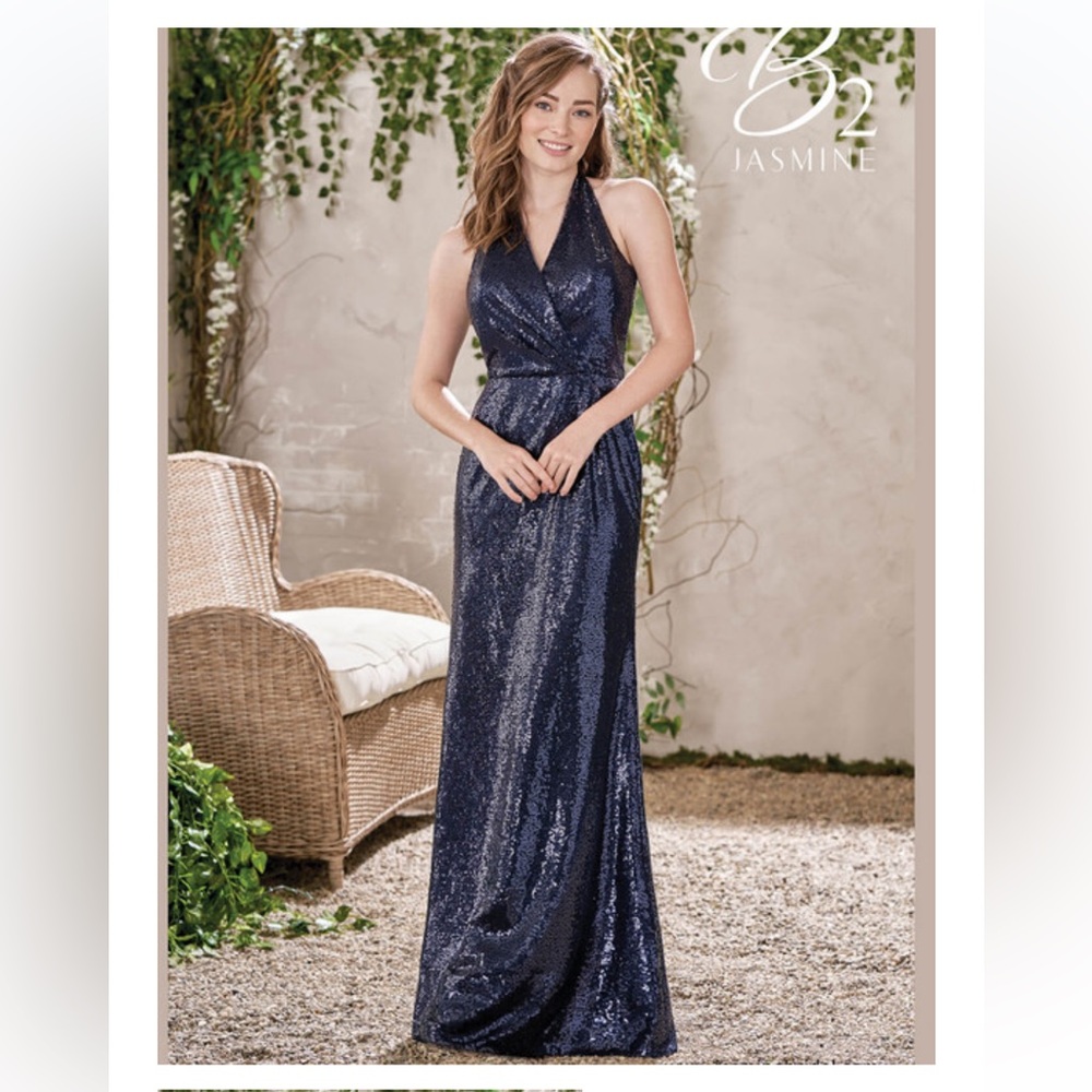 Jasmine B193016 Long V-neck Halter Sequin Dress, Midnight Blue, Size16